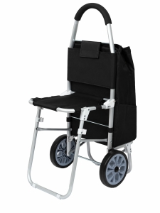 Wózek aluminiowy na zakupy zakupowy ze składanym krzesłem HB Czarny 